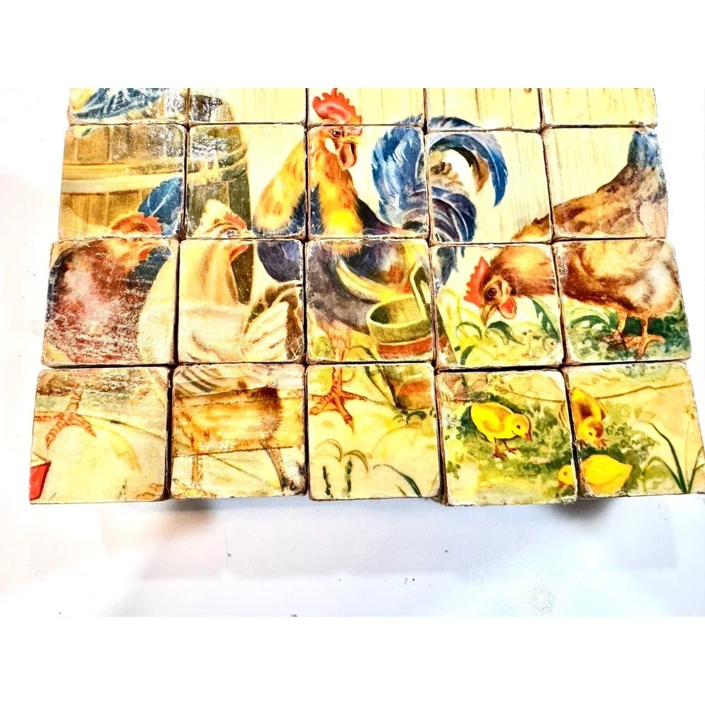 Vintage Farmhouse Wooden Picture Blocks Puzzle Chicken Horse Kitten‎ Cottagecore